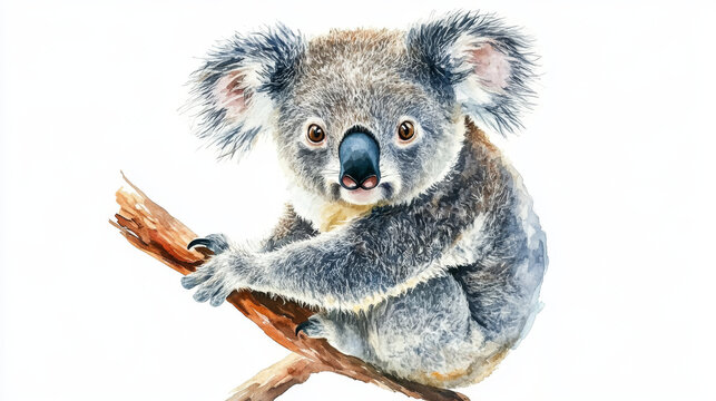 recommend clip art: A cute koala painted with watercolors, representing Australia's wildlife. This illustration is ready to use and is separate from the white background.