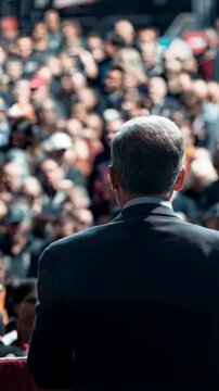 A politician speaking to crowd at election campaign rally, vertical footage