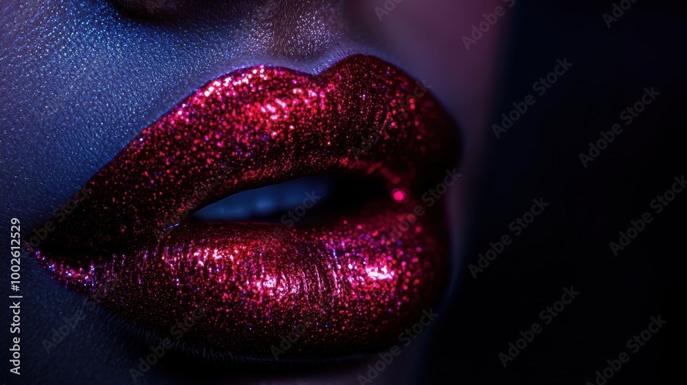 Poster close-up of glossy, vibrant lips showcasing a shiny finish under soft lighting in an artistic beauty
