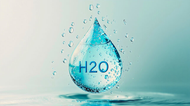Captured in a moment, a droplet of water on a leaf displays 'H2O', representing the fundamental element vital for all living beings.