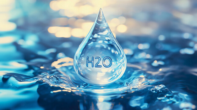 A single water droplet rests on a leaf, with 'H2O' elegantly inscribed, symbolizing the essence of life and nature's beauty