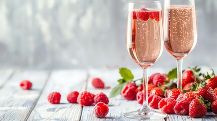 Sparkling rose champagne in glasses, surrounded by fresh strawberries and raspberries on a white wooden table