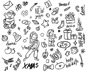 Merry christmas set. Happy holidays stiker.Vector