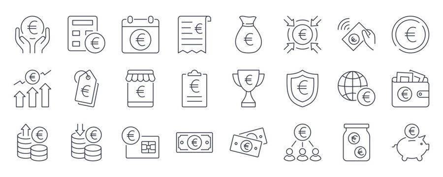 Vector icons money. European Union currency euro, banknotes and coins. Payment and budget, bank account and invoice. Rate decrease and increase, wallet and prize. Editable stroke thin line set.