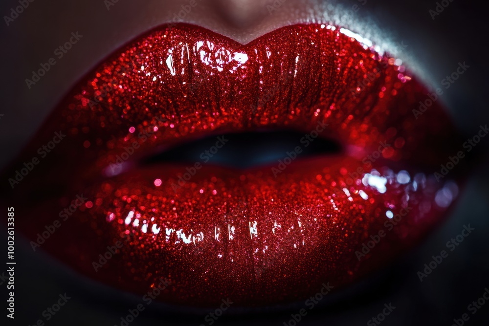 Poster close-up of vibrant, glossy lips with a shiny finish, reflecting light beautifully in a dimly lit se