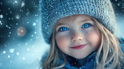 A cute little girl with blue eyes wearing winter and a hat, smiling at the camera
