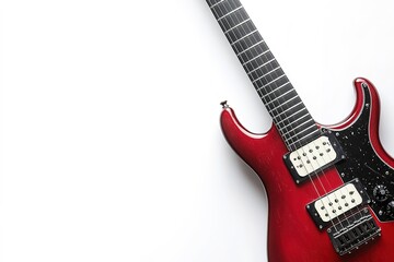 Red electric guitar on white with copy space