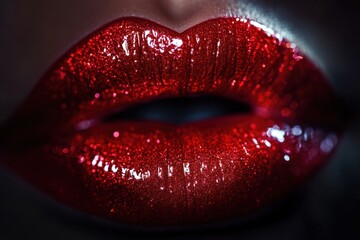 Close-up of vibrant, glossy lips with a shiny finish, reflecting light beautifully in a dimly lit setting. Generative AI