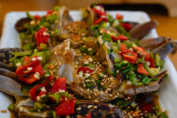 Crab marinade with soy sauce seasoned with spicy chili peppers, etc