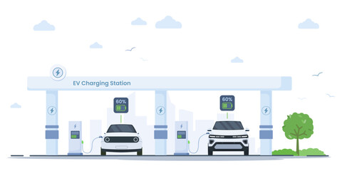 Two electric cars charge simultaneously at a station with a city silhouette in the background. Battery levels indicator UI is at 60%. Perfect for sustainable transportation and reducing emissions.