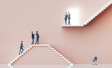 Business people presenting a new startup idea in financial sector to investors. Abstract environment with stairs, business concept 3D rendering