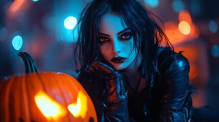 Dark Gothic Halloween Aesthetic with Pumpkins and Mysterious Girl