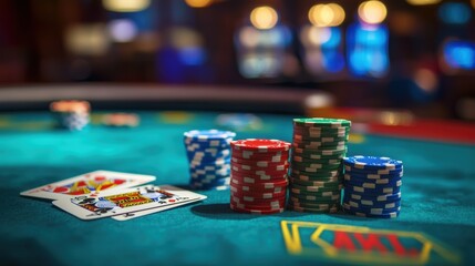 A lively casino table bustling with colorful poker chips and playing cards during a thrilling evening of gaming excitement. Generative AI