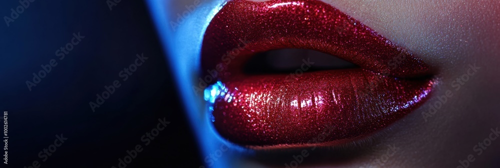 Poster close-up view of glossy lips showcasing a vibrant and shiny finish under soft lighting in a beauty s