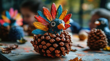 DIY Thanksgiving crafts, hand-painted pinecone turkeys with colorful feathers