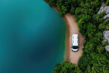 Aerial view of a camper van parked beside a secluded lake, van life by the lake, adventure in nature