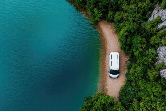 Aerial view of a camper van parked beside a secluded lake, van life by the lake, adventure in nature