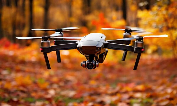 Sleek drone flies amidst vibrant autumn video animation. Focused camera UAV animated footage HD clip seamless motion graphics. Forest navigation. Orange leafy fall technology concept