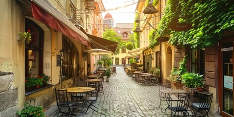 Fototapeta premium Street Cafe: A quaint European street with outdoor cafes and tables