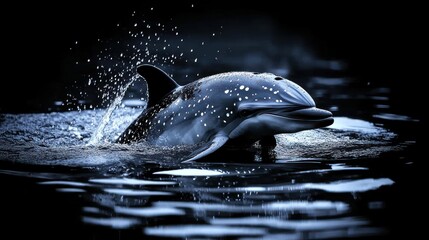 Obraz premium A playful dolphin emerges from deep waters, sending sprays into the evening air