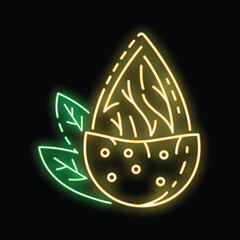 Neon sign illuminating an almond nut with leaves, perfect for businesses related to healthy food or vegan snacks