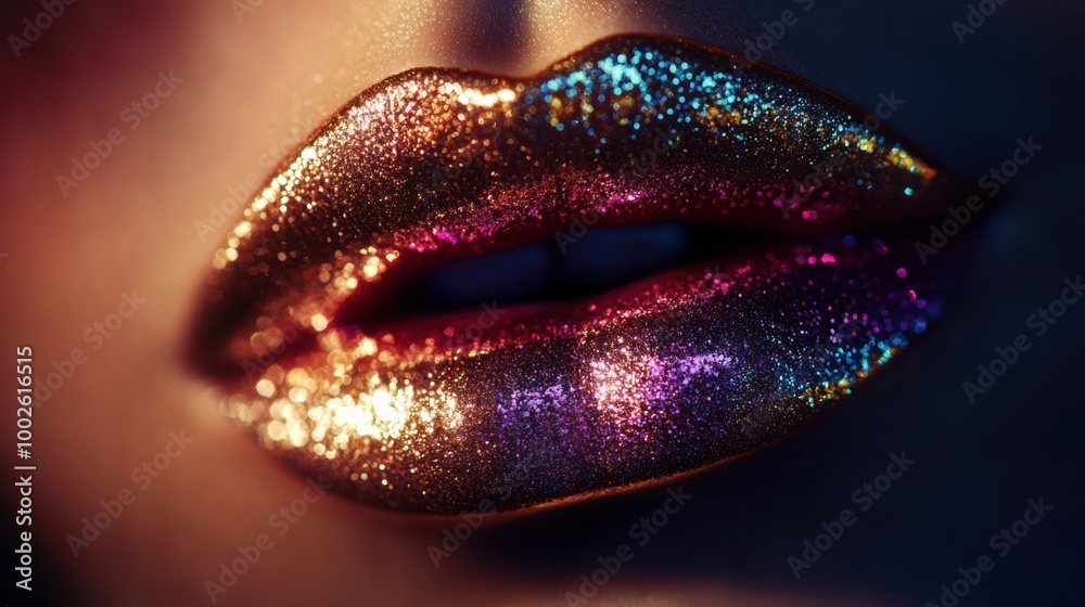 Poster close-up of glossy lips showcasing vibrant colors with a shiny finish illuminated in soft light. gen