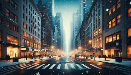 Naklejka premium A snowy city street at night, lit by warm building lights and falling snowflakes. The scene feels peaceful and quiet, with soft light reflecting off the snow-covered road