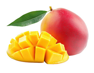 Fresh mango cubes with whole fruit and green leaf on a pure white background