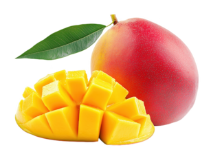 Fresh mango cubes with whole fruit and green leaf on a pure white background