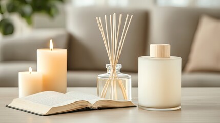 A close-up view of a glass reed diffuser surrounded by a candle and an open book, creating a calming ambiance for home or office settings