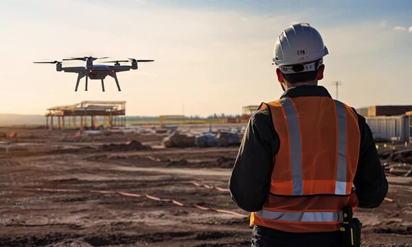 Engineer remotely piloting drone at site video animation. Construction worker with hard hat on worksite UAV animated footage HD clip seamless motion graphics. Technology at work concept