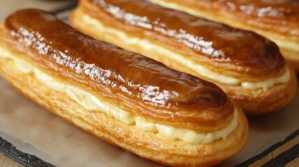 Delicious and glossy eclairs filled with creamy custard, perfect for dessert lovers and pastry enthusiasts.