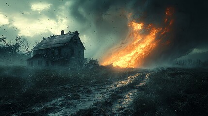 Fototapeta premium Render an epic 3D scene of a tornado destroying a farmhouse, with dramatic lighting and intense wind effects