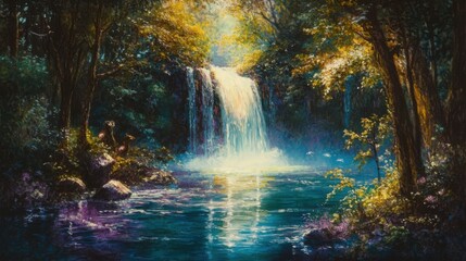enchanted waterfall hidden in an ancient forest, where the water glows with soft