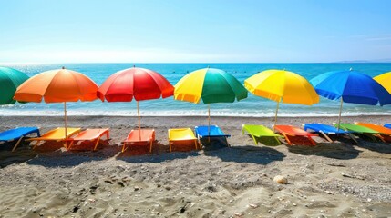Beach Umbrellas: Colorful beach umbrellas lined up on a European beach
