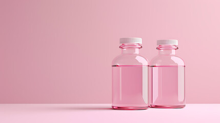 Two clear glass bottles with pink liquid and white lids are set against a pink background.