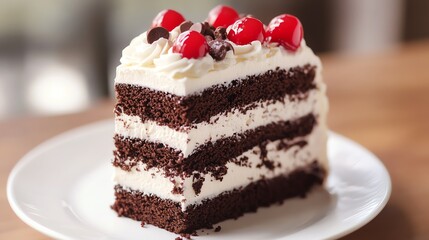 Delicious chocolate cake slice topped with cream, cherries, and chocolate chips on a white plate, perfect for dessert lovers.