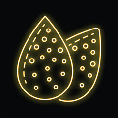 Glowing neon line icon of almond nut with kernel, isolated on black background, for healthy food or vegan concepts
