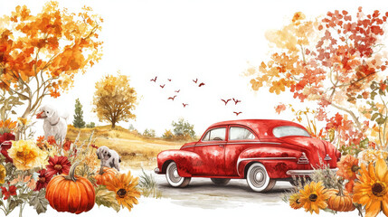 A watercolor painting shows a red car driving through a beautiful autumn scene. There are pumpkins, flowers, and dogs around the car, all against a white background.