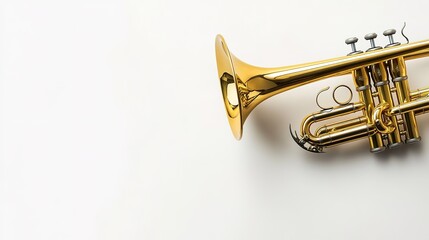 Obraz premium Golden trumpet on white backdrop, space for text