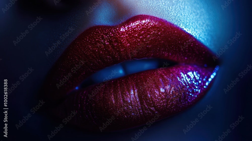 Aufkleber Close-up of glossy lips showcasing a vibrant, shiny finish in an artistic lighting setup emphasizing texture and color. Generative AI