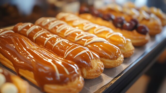 Delicious eclairs with various toppings displayed in a bakery, showcasing tempting dessert options for sweet lovers.