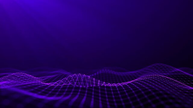 Abstract purple digital waves on dark background. Purple cinematic intro animation. Smoothly moving shiny particle waves with soft bokeh. Light technology, space, artificial intelligence. 4k loop.
