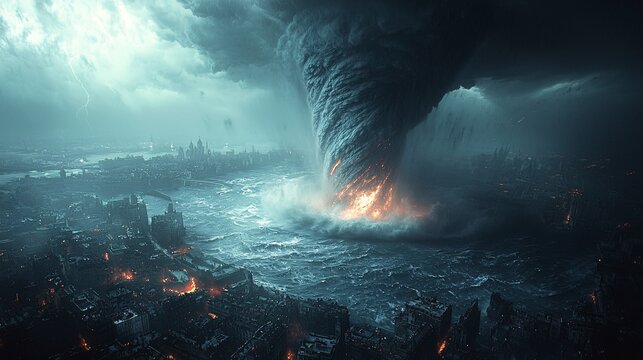 Visualize a cinematic tornado scene where a funnel cloud approaches a coastal city, with the ocean churning in the background