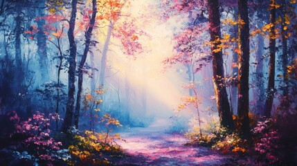 Obraz premium enchanted forest at dawn, where every leaf glows with soft, colorful light, and a mist gently blankets the ground