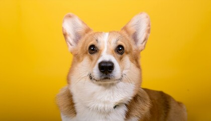 Adorable Corgi Dog Portrait. Photo Studio. Yellow Background.