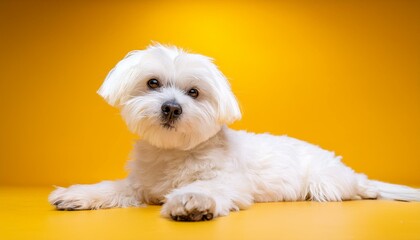 Adorable Maltese Dog Portrait. Photo Studio. Yellow Background.