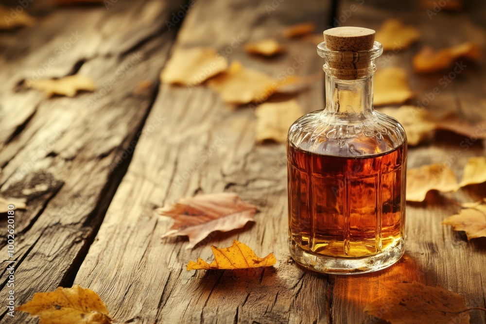 Aufkleber A close-up view of a whiskey bottle surrounded by autumn leaves on a rustic wooden table in soft natural light. Generative AI