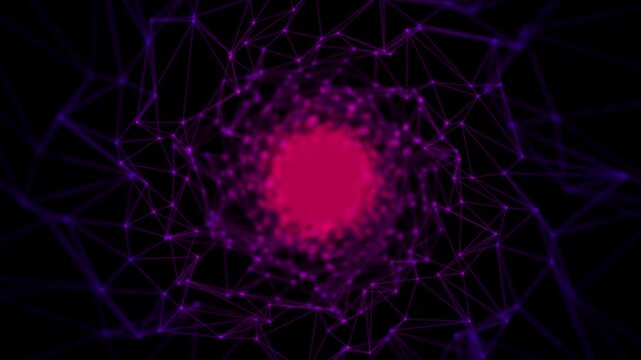 Glow purple plexus tunnel background with sparkle points and lines. Purple abstract background. Polygon tunnel futuristic digital background for business Science and technology. flying through the cor