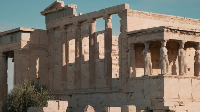 Porch of Caryatids statues at Erechtheion temple, Acropolis of Athens, Greece. Erechtheum is an ancient Greek Ionic temple of Athena Polias in Greece. Antique architecture. Popular touristic landmark